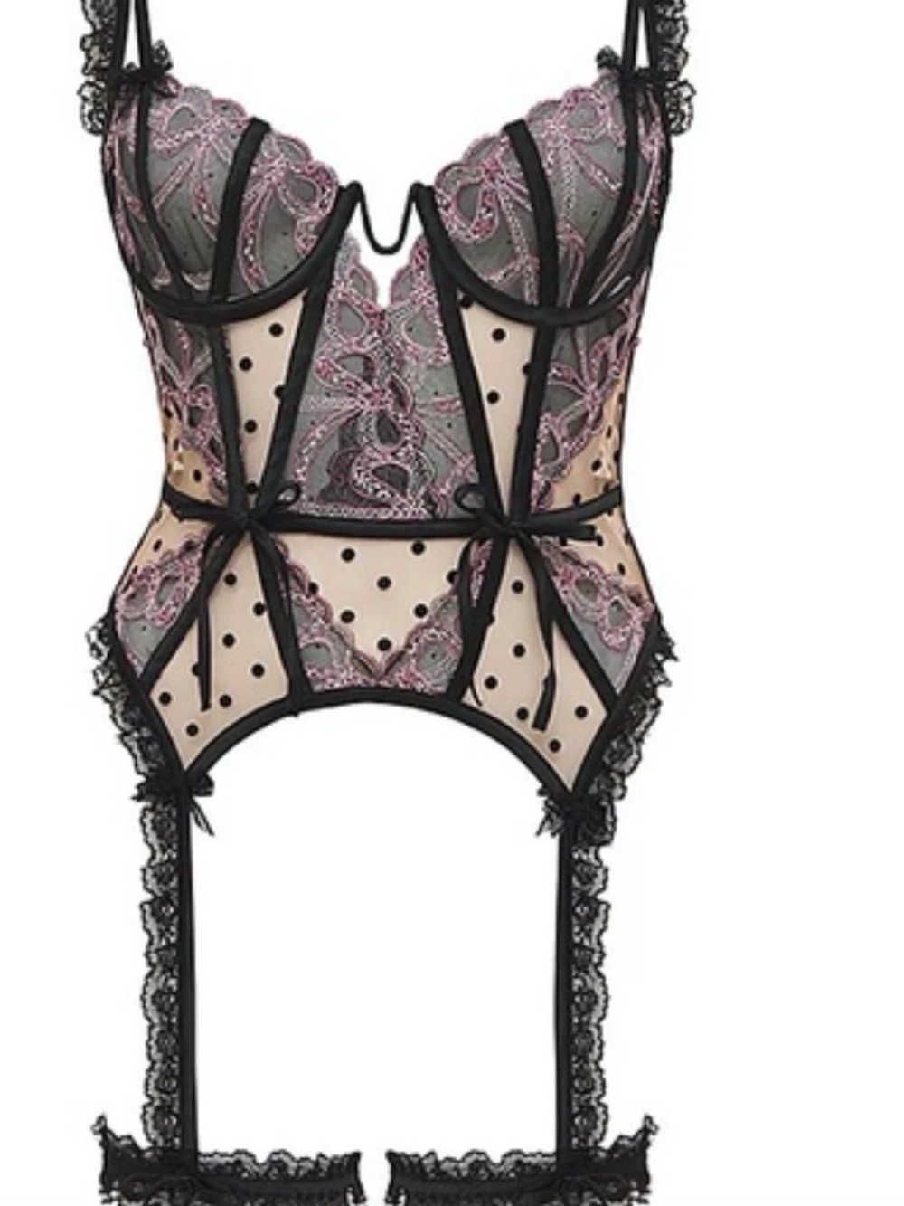 For Love And Lemons Black and Pink Lace Polka Dot Garter Bodysuit